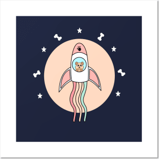 Kawaii dog flying in a space rocket to another galaxy Posters and Art